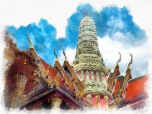Paisagem Grande Palácio Wat Phra Kaew Bangkok Aquarela Estilo Ilustração — Fotografia de Stock