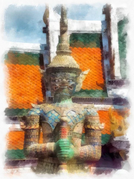 Büyük Saray 'daki antik dev heykel, Bangkok suluboya resim ressamı.