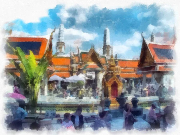 Пейзаж Великого Палацу Ват Пха Кео Стилі Акварелі Бангкоку Ілюстрований — стокове фото
