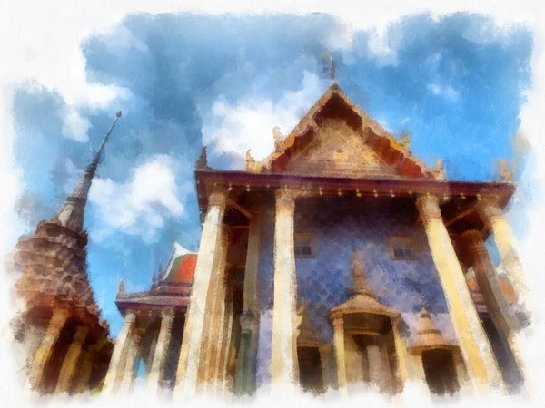 Krajobraz Wielkiego Pałacu Wat Phra Kaew Bangkoku Akwarela Styl Ilustracji — Zdjęcie stockowe