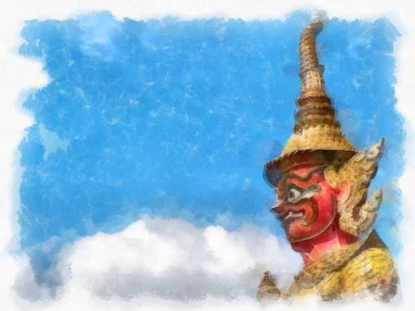 Büyük Saray 'daki antik dev heykel, Bangkok suluboya resim ressamı.