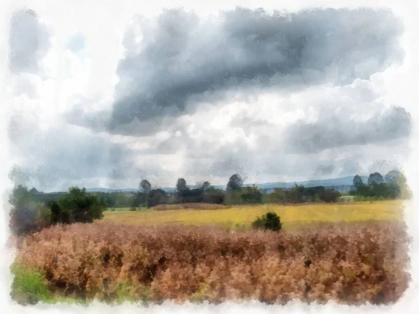 牧草地や山の森の雲や空の水彩風のイラスト印象派絵画 — ストック写真