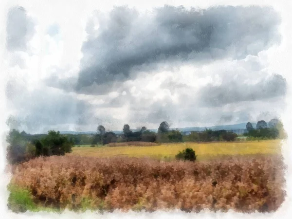 Wiesen Und Berge Wald Wolken Und Himmel Aquarell Stil Illustration — Stockfoto