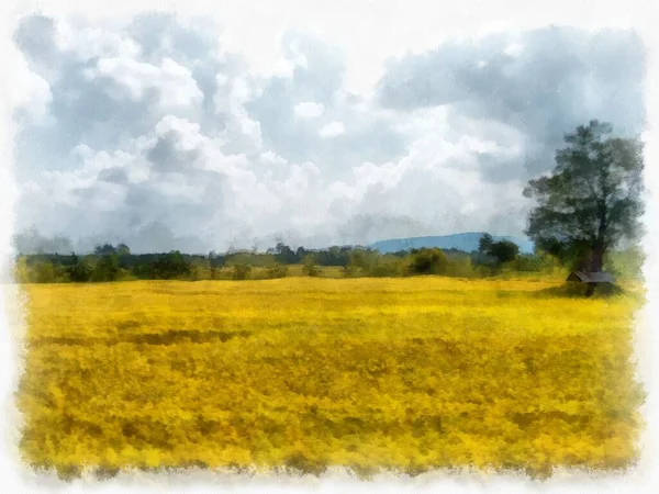 牧草地や山の森の雲や空の水彩風のイラスト印象派絵画 — ストック写真