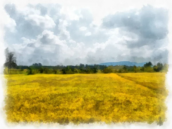 Łąki Góry Leśne Chmury Niebo Akwarela Styl Ilustracja Impresjonistyczne Malarstwo — Zdjęcie stockowe