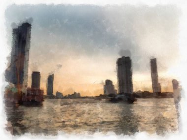 Bangkok 'taki Chao Phraya Nehri manzarası, Tayland suluboya resim ressamı.