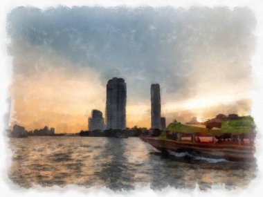 Bangkok 'taki Chao Phraya Nehri manzarası, Tayland suluboya resim ressamı..