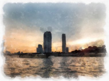 Bangkok 'taki Chao Phraya Nehri manzarası, Tayland suluboya resim ressamı.