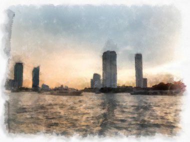 Bangkok 'taki Chao Phraya Nehri manzarası, Tayland suluboya resim ressamı.