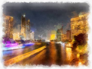 Tayland 'ın Bangkok şehrinde Chao Phraya Nehri' nin gece manzarası.