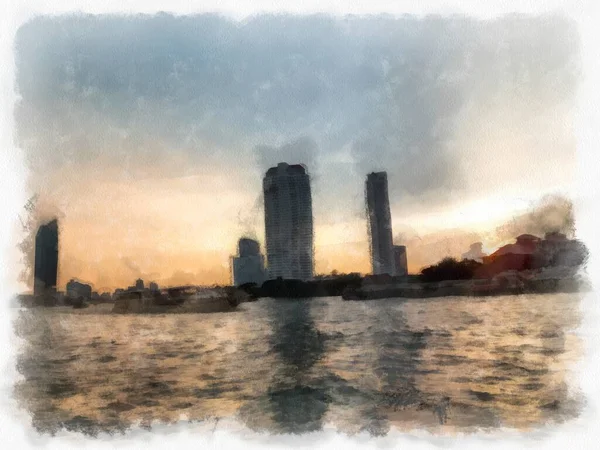 泰国曼谷朝弗拉亚河景观水彩画印象派绘画 — 图库照片