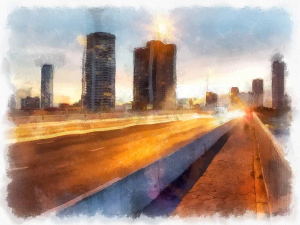 City Landscape Bridges Time Twilight Watercolor Style Illustration Impressionist Painting — Stock Photo, Image