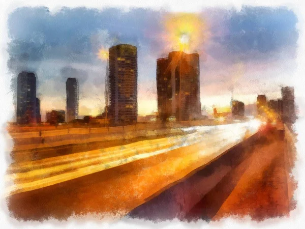 Krajobraz Miasta Mostami Czas Zmierzchu Akwarela Styl Ilustracja Impresjonistyczne Malarstwo — Zdjęcie stockowe