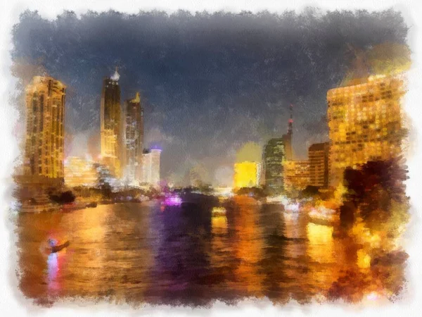 Paesaggio Del Fiume Chao Phraya Notte Bangkok Thailandia Acquerello Stile — Foto Stock