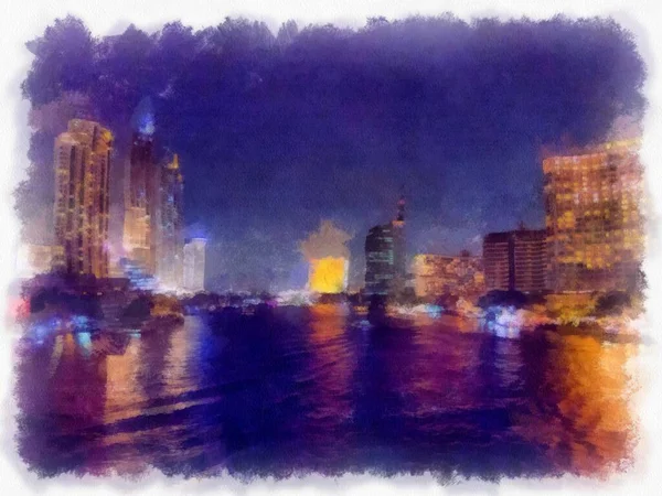 Paisagem Rio Chao Phraya Noite Bangkok Tailândia Aquarela Estilo Ilustração — Fotografia de Stock