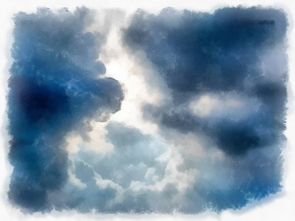 雲と空に陽射し水彩風のイラスト印象派絵画 — ストック写真