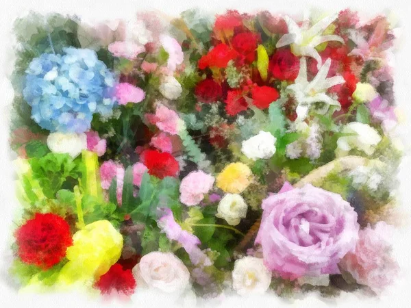 Bouquet Bright Red Pink Light Blue White Colors Watercolor Style — Stock Photo, Image
