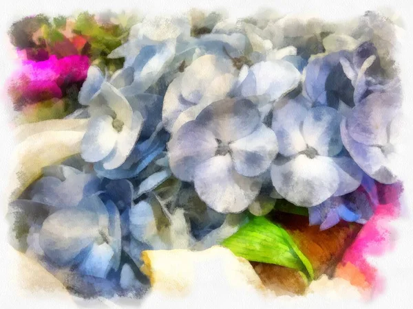 Mavi Beyaz Çiçekli Buket Suluboya Resim Çizimi — Stok fotoğraf