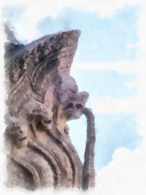 Kadim taş kale ve Tayland suluboya resim çiziminde antik desenler.