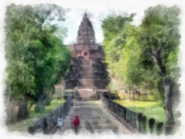 Kadim taş kale ve Tayland suluboya resim çiziminde antik desenler.