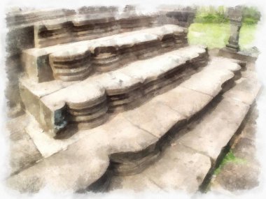 Kadim taş kale ve Tayland suluboya resim çiziminde antik desenler.