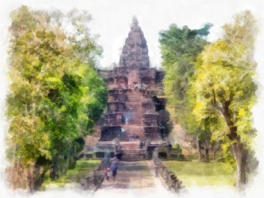 Kadim taş kale ve Tayland suluboya resim çiziminde antik desenler.