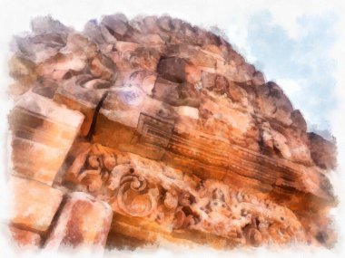 Kadim taş kale ve Tayland suluboya resim çiziminde antik desenler.