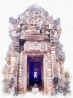 Kadim taş kale ve Tayland suluboya resim çiziminde antik desenler.