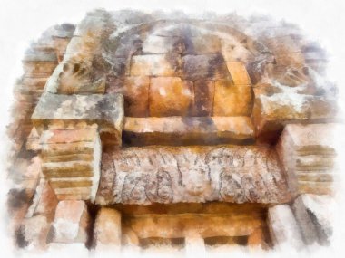 Kadim taş kale ve Tayland suluboya resim çiziminde antik desenler.