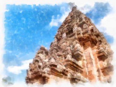 Kadim taş kale ve Tayland suluboya resim çiziminde antik desenler.