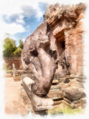 Kadim taş kale ve Tayland suluboya resim çiziminde antik desenler.