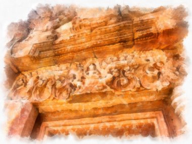 Kadim taş kale ve Tayland suluboya resim çiziminde antik desenler.