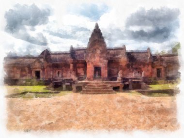 Kadim taş kale ve Tayland suluboya resim çiziminde antik desenler.