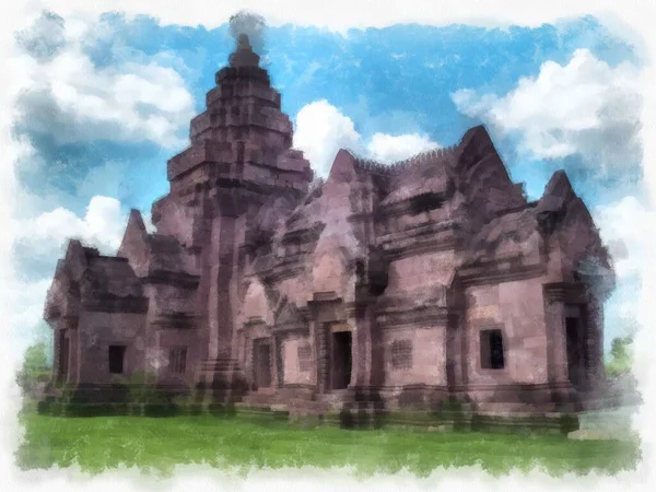 Стародавній Кам Яний Замок Стародавнє Образотворче Мистецтво Стилі Акварелі Таїланду — стокове фото