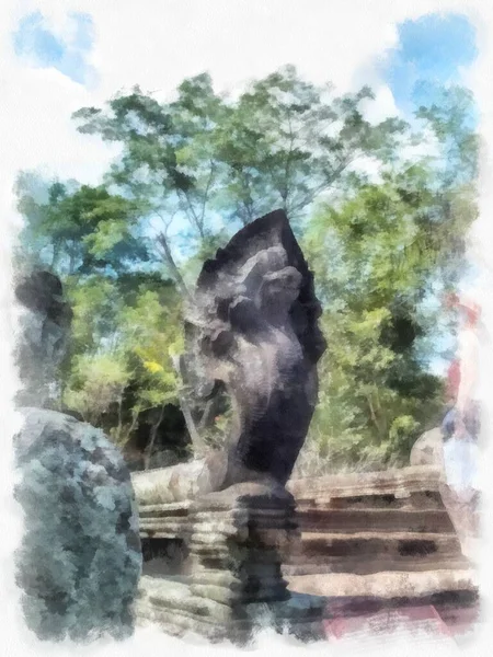 Oude Stenen Kasteel Oude Patroon Kunst Thailand Aquarel Stijl Illustratie — Stockfoto