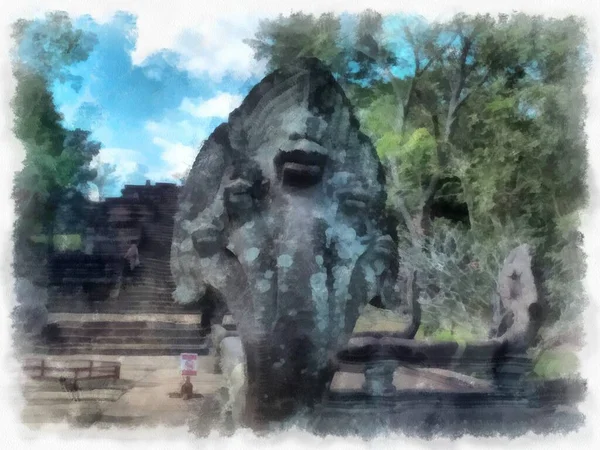 Oude Stenen Kasteel Oude Patroon Kunst Thailand Aquarel Stijl Illustratie — Stockfoto