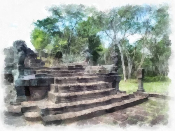 Kuno Batu Kastil Dan Kuno Pola Seni Thailand Watercolor Gaya — Stok Foto