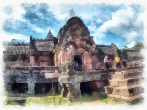 Starożytny Zamek Kamienny Starożytny Wzór Sztuki Tajlandii Akwarela Styl Ilustracji — Zdjęcie stockowe
