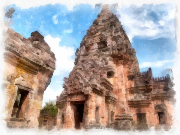 Ancient Stone Castle Ancient Pattern Art Thailand Watercolor Style Illustration — Stock Photo, Image