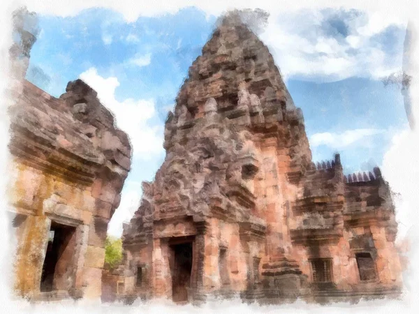 Starożytny Zamek Kamienny Starożytny Wzór Sztuki Tajlandii Akwarela Styl Ilustracji — Zdjęcie stockowe