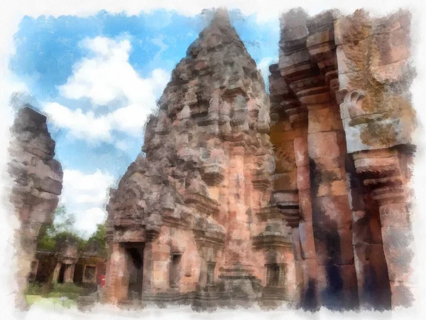 Αρχαία Πέτρινο Κάστρο Και Αρχαία Τέχνη Μοτίβο Στην Ταϊλάνδη Ακουαρέλα — Φωτογραφία Αρχείου