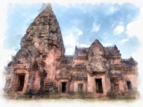 Ancient Stone Castle Ancient Pattern Art Thailand Watercolor Style Illustration — Stock Photo, Image