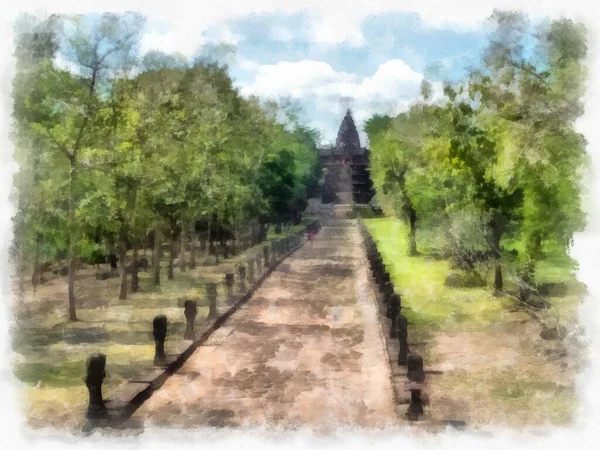 Αρχαία Πέτρινο Κάστρο Και Αρχαία Τέχνη Μοτίβο Στην Ταϊλάνδη Ακουαρέλα Royalty Free Εικόνες Αρχείου
