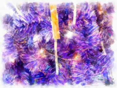 Mor Noel ağacı, mor ve altın toplarla süslenmiş suluboya resim çizimi.. 