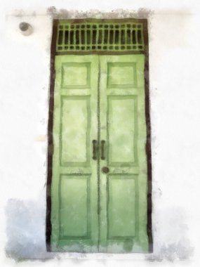 açık yeşil antika ahşap kapı Avrupa sanat mimarisi suluboya resim çizimi izlenimcisi.