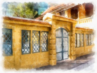 Avrupa mimarisinin antik sarı binasında ahşap kapılar ve pencereler suluboya resim çizimi izlenimcisi.