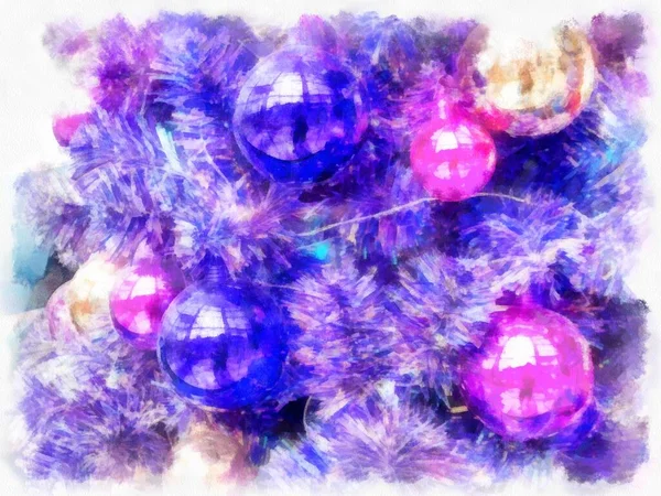 Paarse Kerstboom Versierd Met Paarse Gouden Ballen Aquarel Stijl Illustratie — Stockfoto