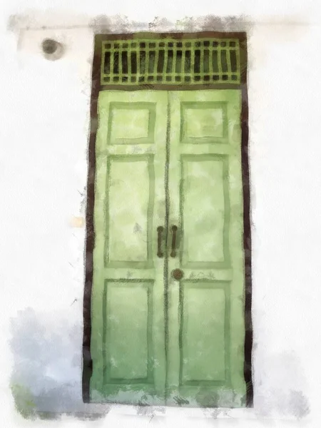 Ανοιχτό Πράσινο Αντίκες Ξύλινη Πόρτα Ευρωπαϊκή Αρχιτεκτονική Τέχνη Ακουαρέλα Στυλ — Φωτογραφία Αρχείου