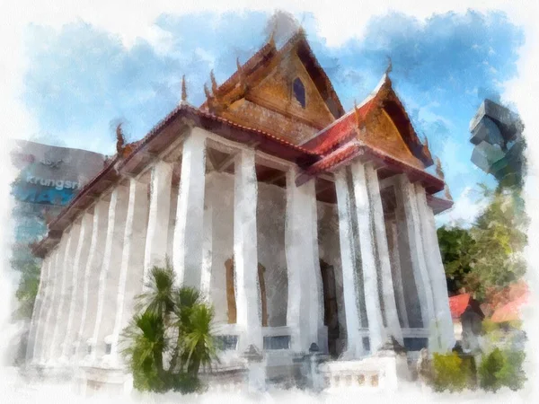 Ancienne Architecture Thaïlandaise Bâtiment Aquarelle Style Illustration Peinture Impressionniste — Photo