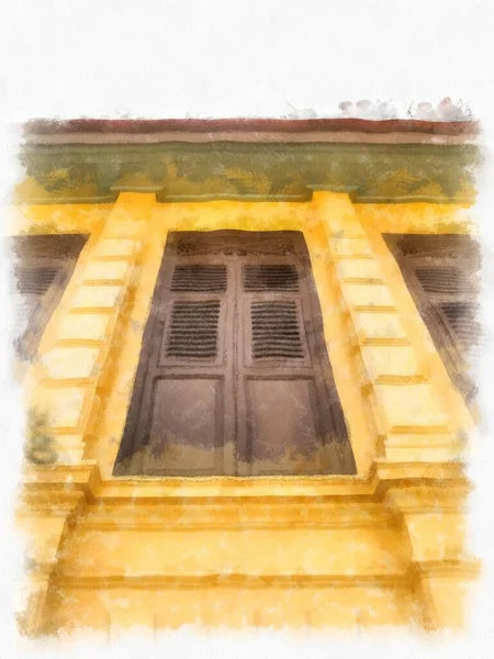 Antigo Edifício Amarelo Arquitetura Europeia Tem Portas Madeira Janelas Estilo — Fotografia de Stock